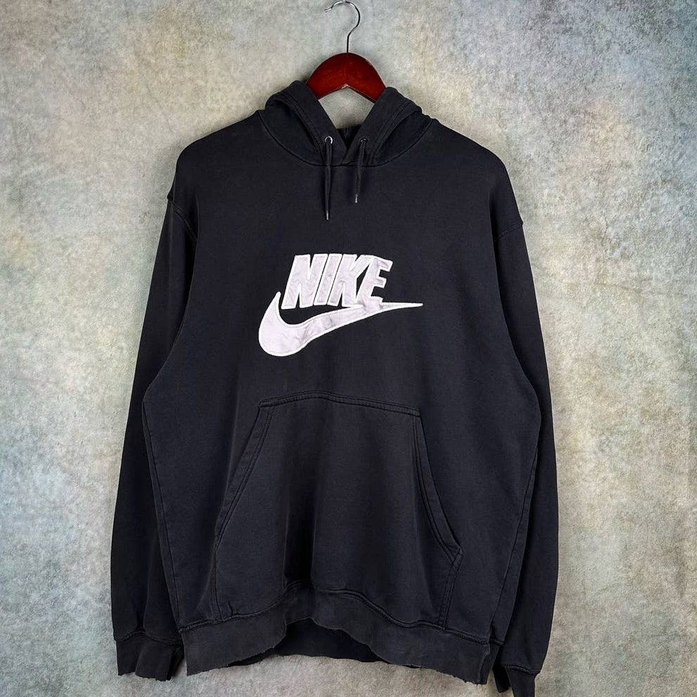 Vintage Y2k Nike Hoodie Sweatshirt Black Mens Sz L Spell Out Center Swoosh Logo